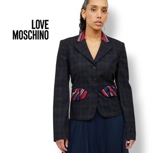 Love Moschino Virgin Wool Tartan Blazer US 6 Plaid Statement Jacket